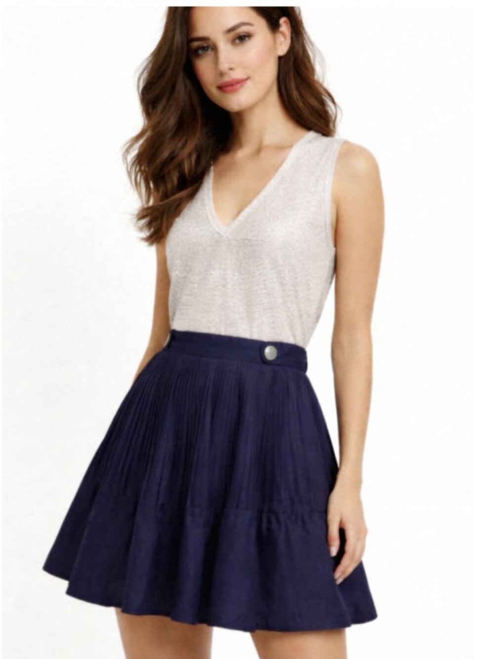Reiss Navy Pleated A-Line Skirt High Waist Lined Size 10